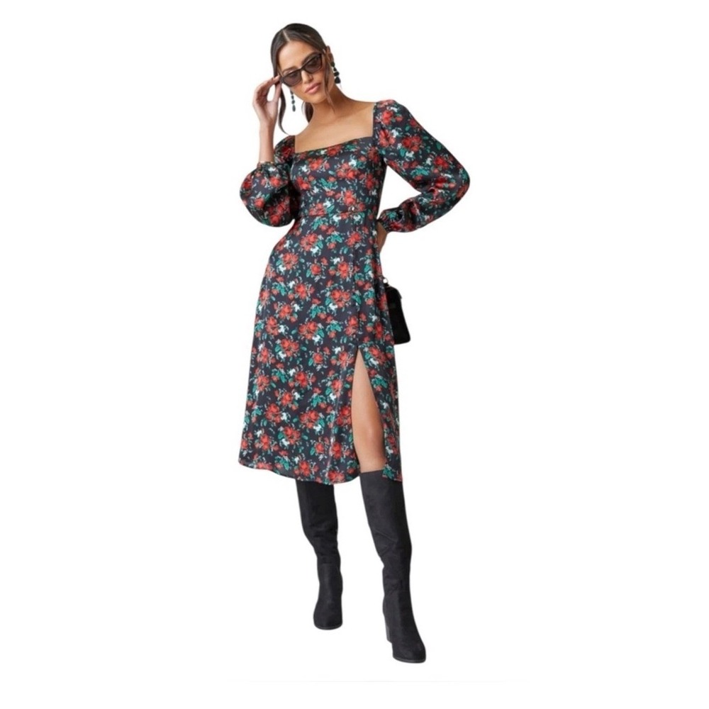 Audrey Parks Francesca's Black Red Floral Square Neck Midi Dress S Long Sleeve
